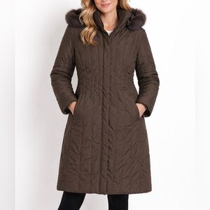 Nine West Brown Quilted Down Jacket Coat Rabbit Fur Trim Hooded Size Medium